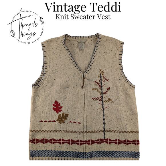 VTG Teddi Knit Sweater Vest Granny Cottage Core Fall Leaf Artsy Embroider Nature - Picture 1 of 11